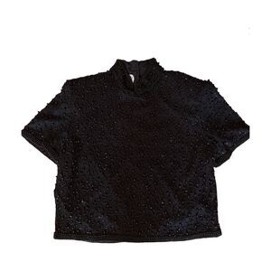 Vintage JMD New York Black Beaded Silk Mock Neck Short Sleeve Evening Blouse M